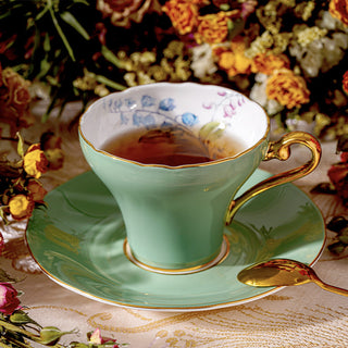 Colored Glaze Lily of the Valley Corset Tea Cup and Saucer-Green