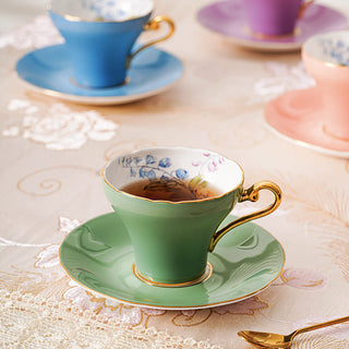 Colored Glaze Lily of the Valley Corset Tea Cup and Saucer-Green