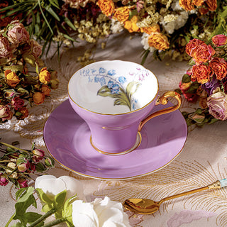 Colored Glaze Lily of the Valley Corset Tea Cup and Saucer-Purple