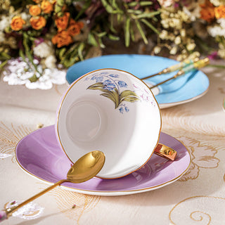 Colored Glaze Lily of the Valley Corset Tea Cup and Saucer-Purple