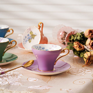 Colored Glaze Lily of the Valley Corset Tea Cup and Saucer-Purple