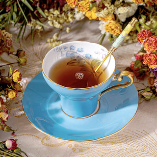 Colored Glaze Lily of the Valley Corset Tea Cup and Saucer-Turq