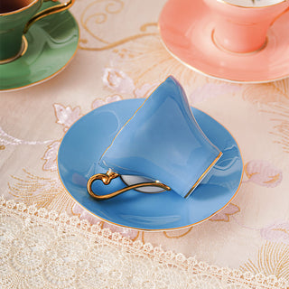 Colored Glaze Lily of the Valley Corset Tea Cup and Saucer-Turq