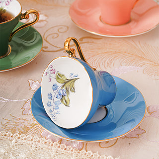 Colored Glaze Lily of the Valley Corset Tea Cup and Saucer-Turq