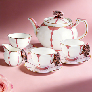 Butterfly 600ml Teapot 7 Pieces Tea Set-Pink